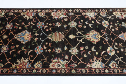 93 x 394 cm | Hallway Tribal Black Rug Afghan Hand Knotted Veg dye Wool carpet