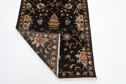 93 x 394 cm | Hallway Tribal Black Rug Afghan Hand Knotted Veg dye Wool carpet