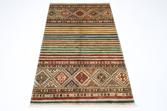 104 x 162 cm | Striped Afghan Tribal Hand Knotted Veg Dye Wool Carpet