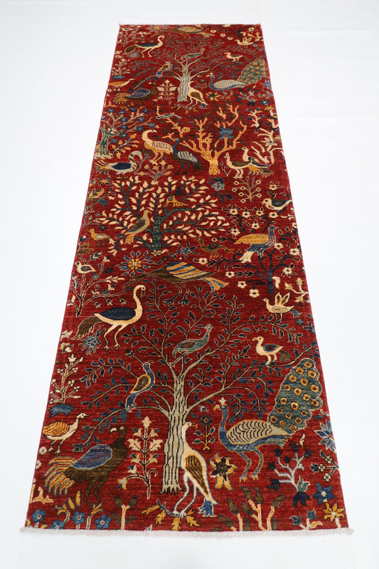 100 x 293 cm | Hallway Birds Red Rug Afghan Hand Knotted Veg dye Wool carpet