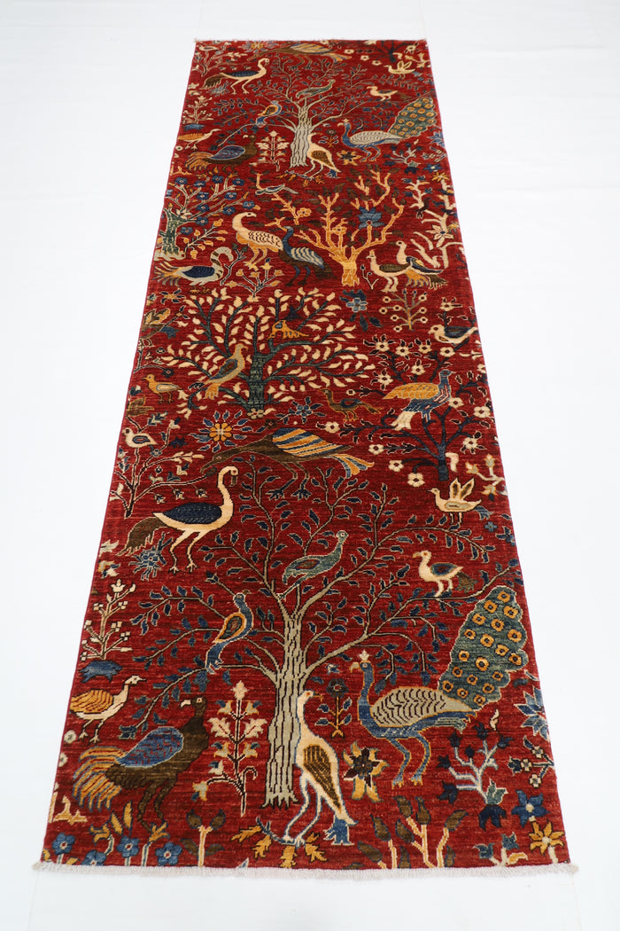 100 x 293 cm | Hallway Birds Red Rug Afghan Hand Knotted Veg dye Wool carpet
