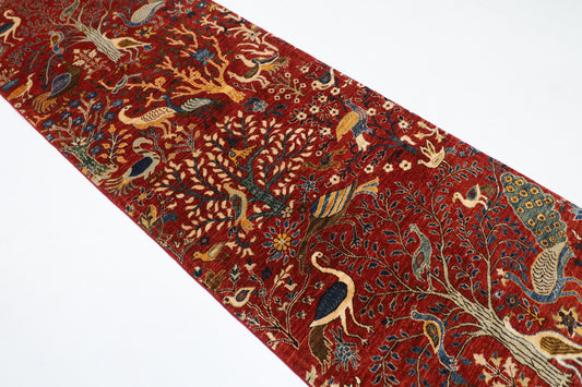 100 x 293 cm | Hallway Birds Red Rug Afghan Hand Knotted Veg dye Wool carpet