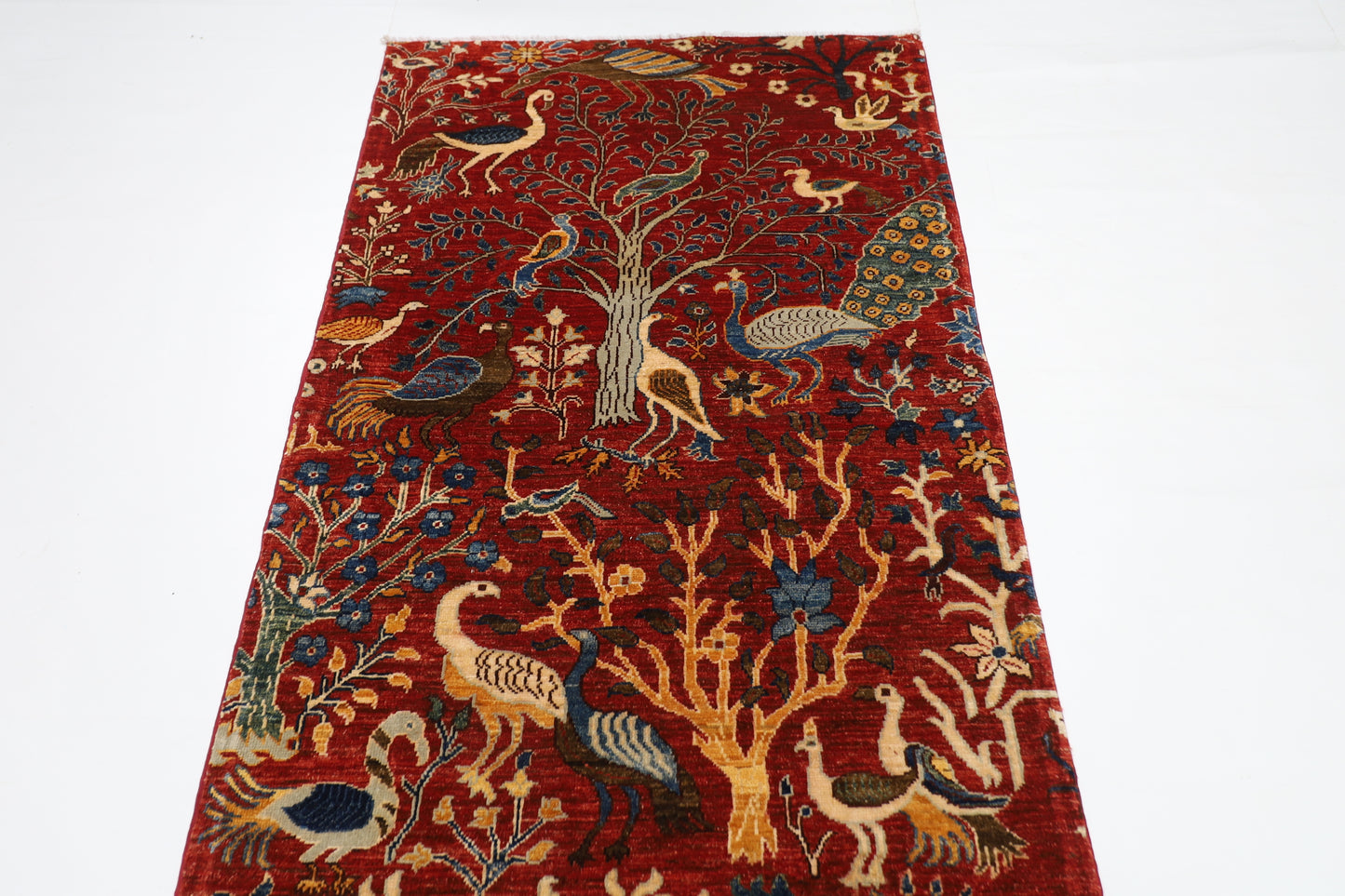 100 x 293 cm | Hallway Birds Red Rug Afghan Hand Knotted Veg dye Wool carpet