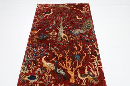 100 x 293 cm | Hallway Birds Red Rug Afghan Hand Knotted Veg dye Wool carpet