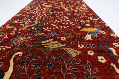100 x 293 cm | Hallway Birds Red Rug Afghan Hand Knotted Veg dye Wool carpet