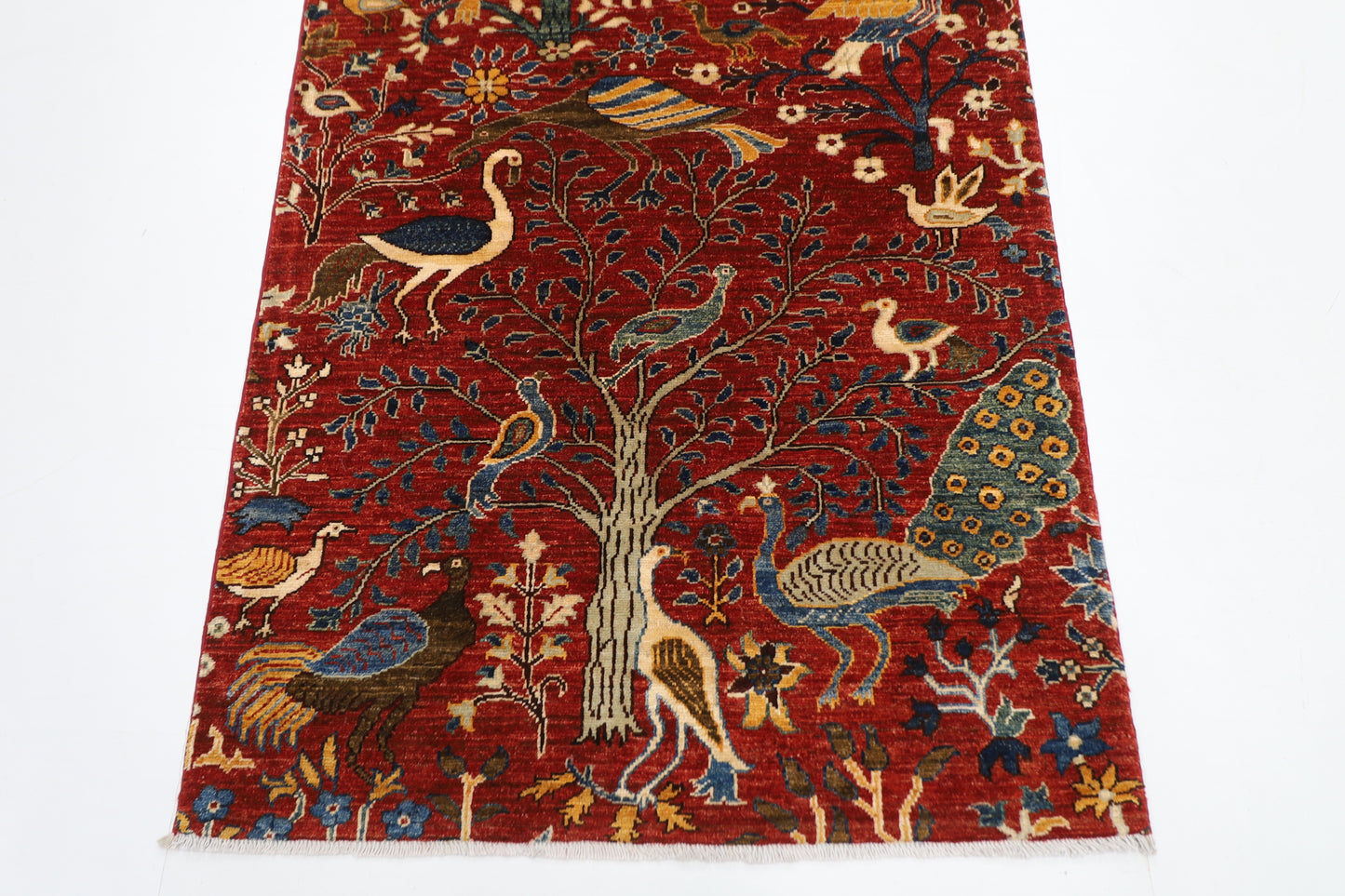 100 x 293 cm | Hallway Birds Red Rug Afghan Hand Knotted Veg dye Wool carpet