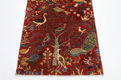 100 x 293 cm | Hallway Birds Red Rug Afghan Hand Knotted Veg dye Wool carpet