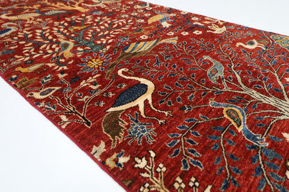 100 x 293 cm | Hallway Birds Red Rug Afghan Hand Knotted Veg dye Wool carpet
