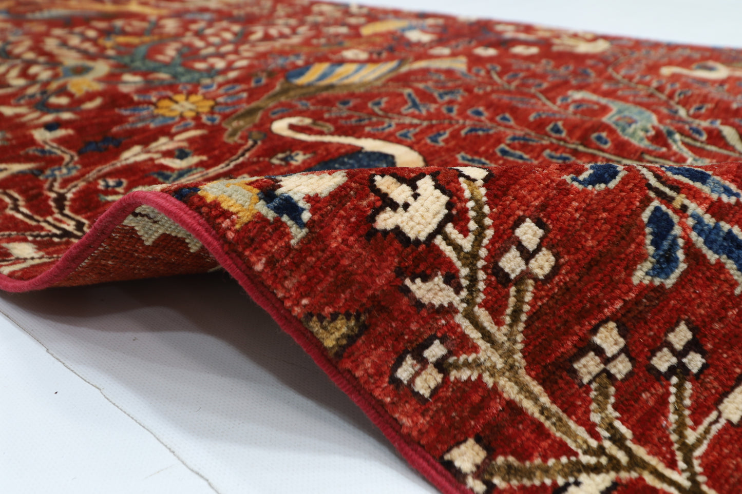 100 x 293 cm | Hallway Birds Red Rug Afghan Hand Knotted Veg dye Wool carpet