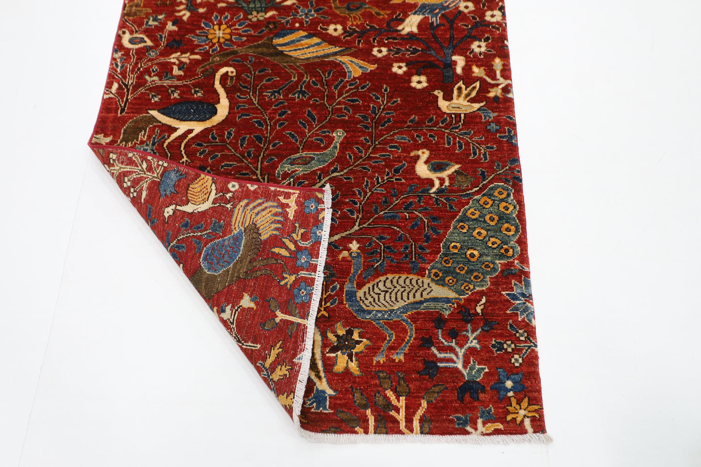 100 x 293 cm | Hallway Birds Red Rug Afghan Hand Knotted Veg dye Wool carpet