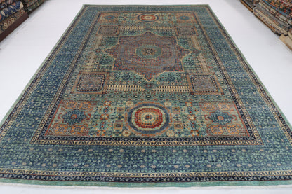 278 x 358 cm | Mamluk Blue Design Hand Knotted Wool Afghan Carpet