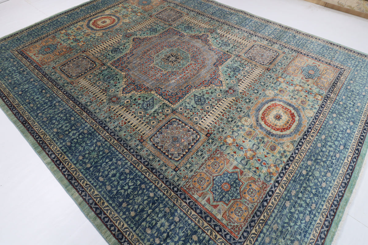278 x 358 cm | Mamluk Blue Design Hand Knotted Wool Afghan Carpet