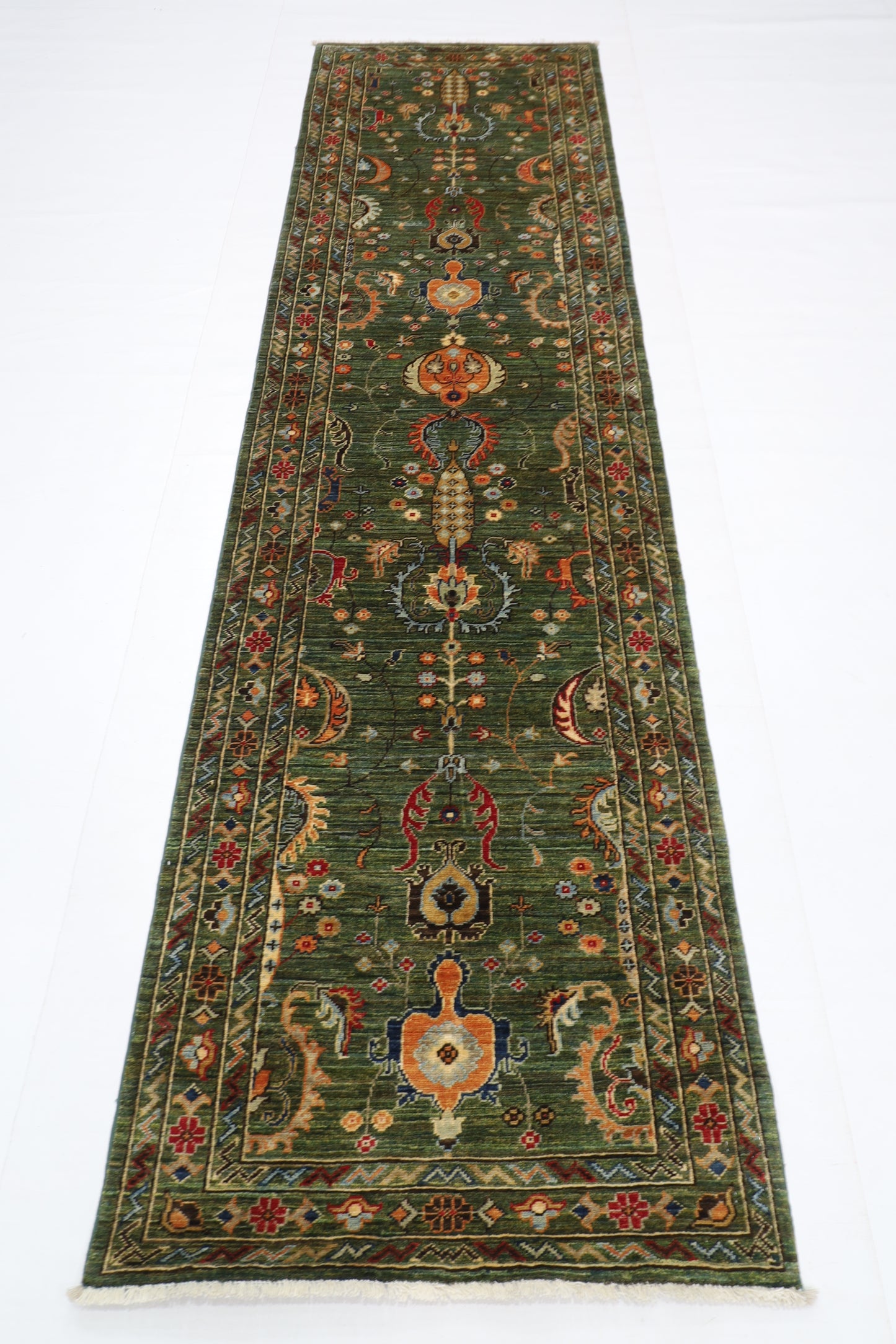 78 x 287 cm | Hallway Tribal Green Rug Afghan Hand Knotted Veg dye Wool carpet