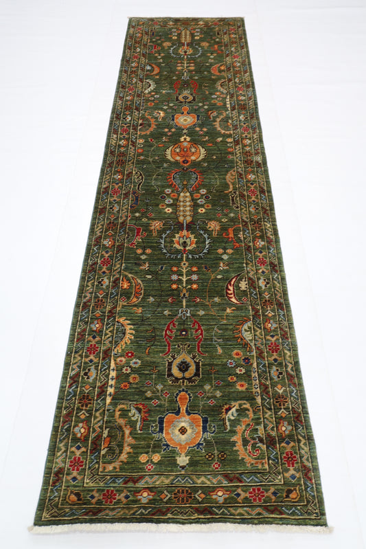 78 x 287 cm | Hallway Tribal Green Rug Afghan Hand Knotted Veg dye Wool carpet