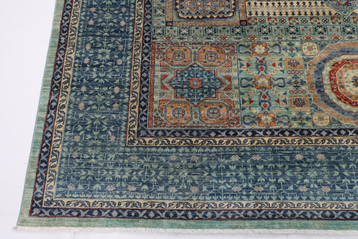 278 x 358 cm | Mamluk Blue Design Hand Knotted Wool Afghan Carpet