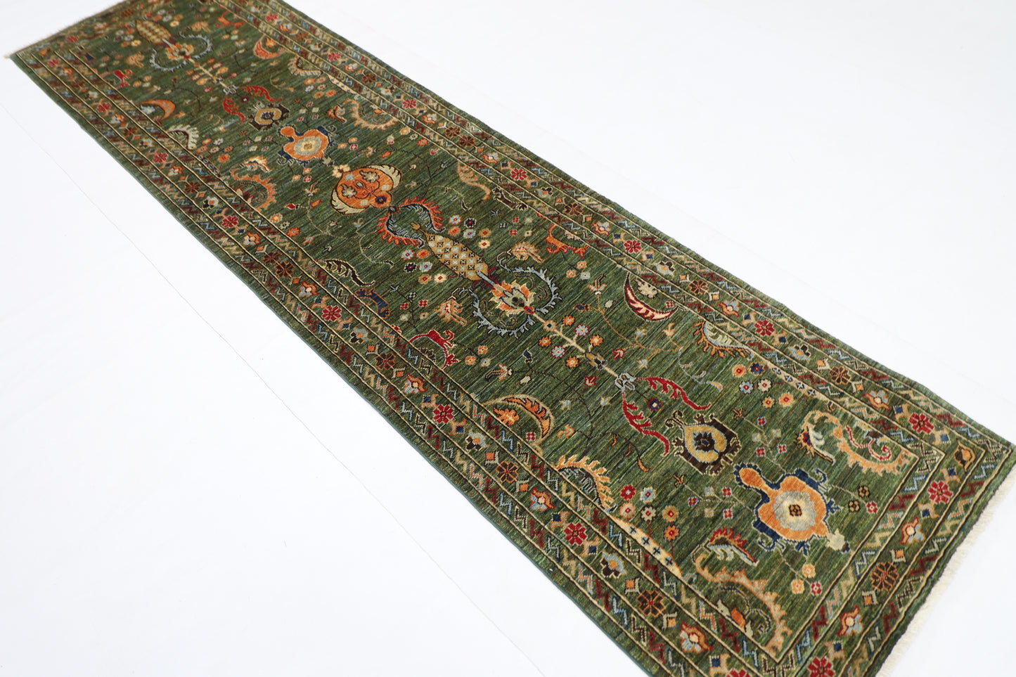 78 x 287 cm | Hallway Tribal Green Rug Afghan Hand Knotted Veg dye Wool carpet