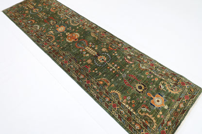 78 x 287 cm | Hallway Tribal Green Rug Afghan Hand Knotted Veg dye Wool carpet