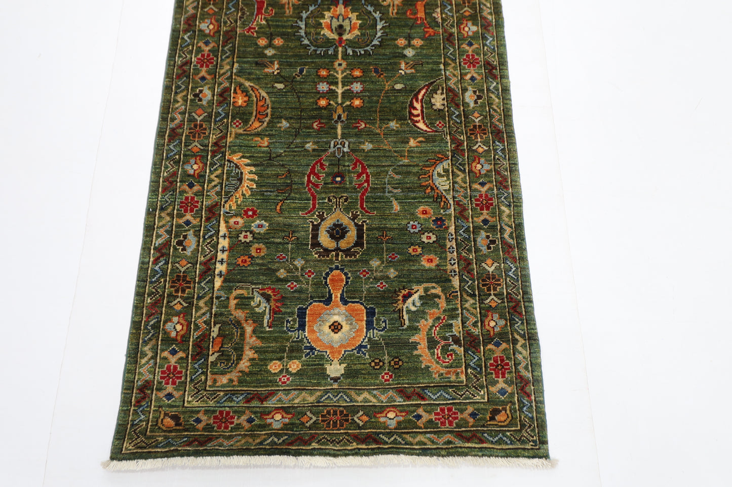 78 x 287 cm | Hallway Tribal Green Rug Afghan Hand Knotted Veg dye Wool carpet