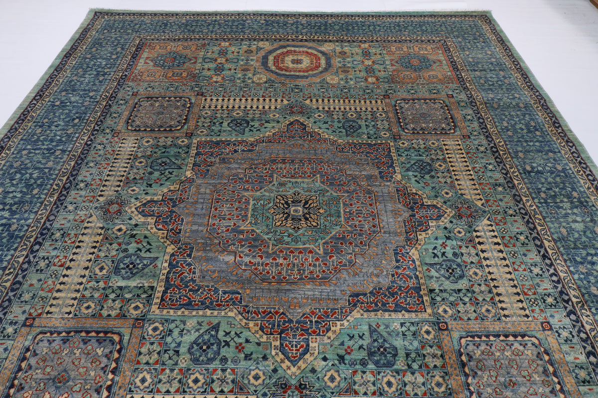 278 x 358 cm | Mamluk Blue Design Hand Knotted Wool Afghan Carpet