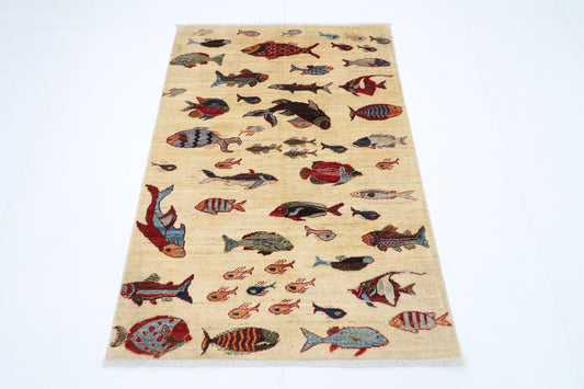 104 x 150 cm | Fish Party Afghan Tribal Hand Knotted Veg Dye Wool Carpet