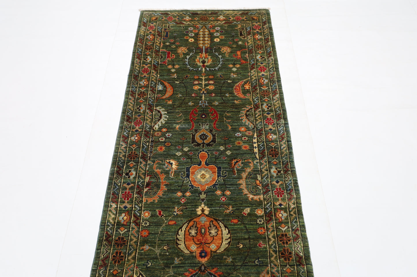 78 x 287 cm | Hallway Tribal Green Rug Afghan Hand Knotted Veg dye Wool carpet