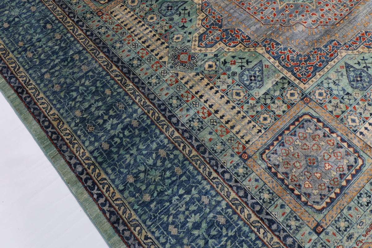 278 x 358 cm | Mamluk Blue Design Hand Knotted Wool Afghan Carpet