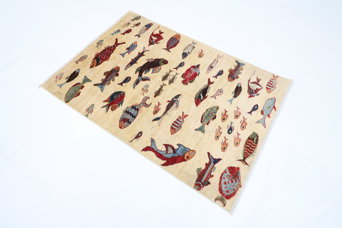 104 x 150 cm | Fish Party Afghan Tribal Hand Knotted Veg Dye Wool Carpet