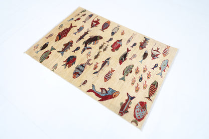 104 x 150 cm | Fish Party Afghan Tribal Hand Knotted Veg Dye Wool Carpet