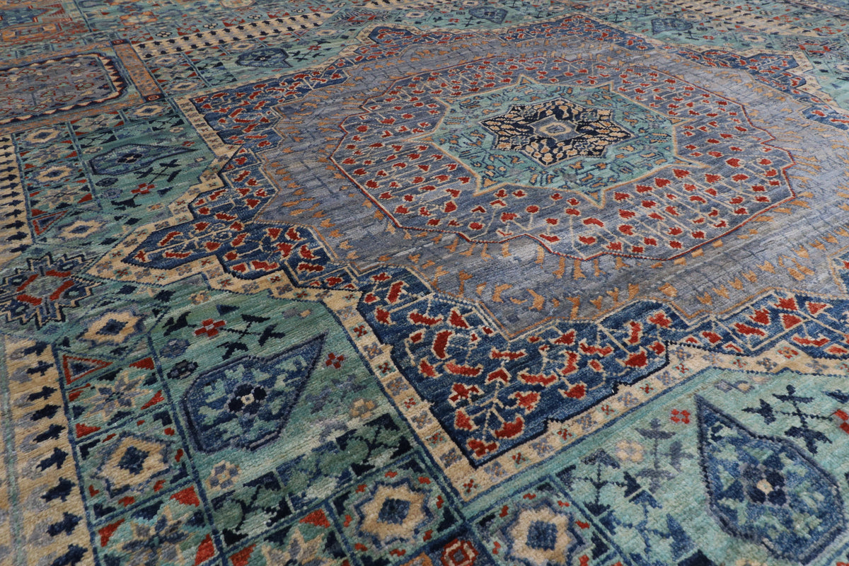 278 x 358 cm | Mamluk Blue Design Hand Knotted Wool Afghan Carpet