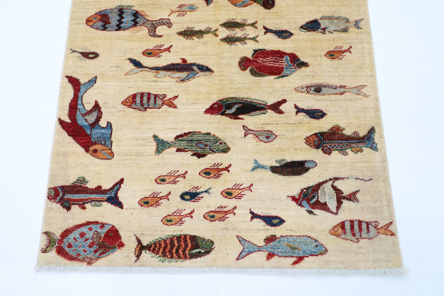 104 x 150 cm | Fish Party Afghan Tribal Hand Knotted Veg Dye Wool Carpet