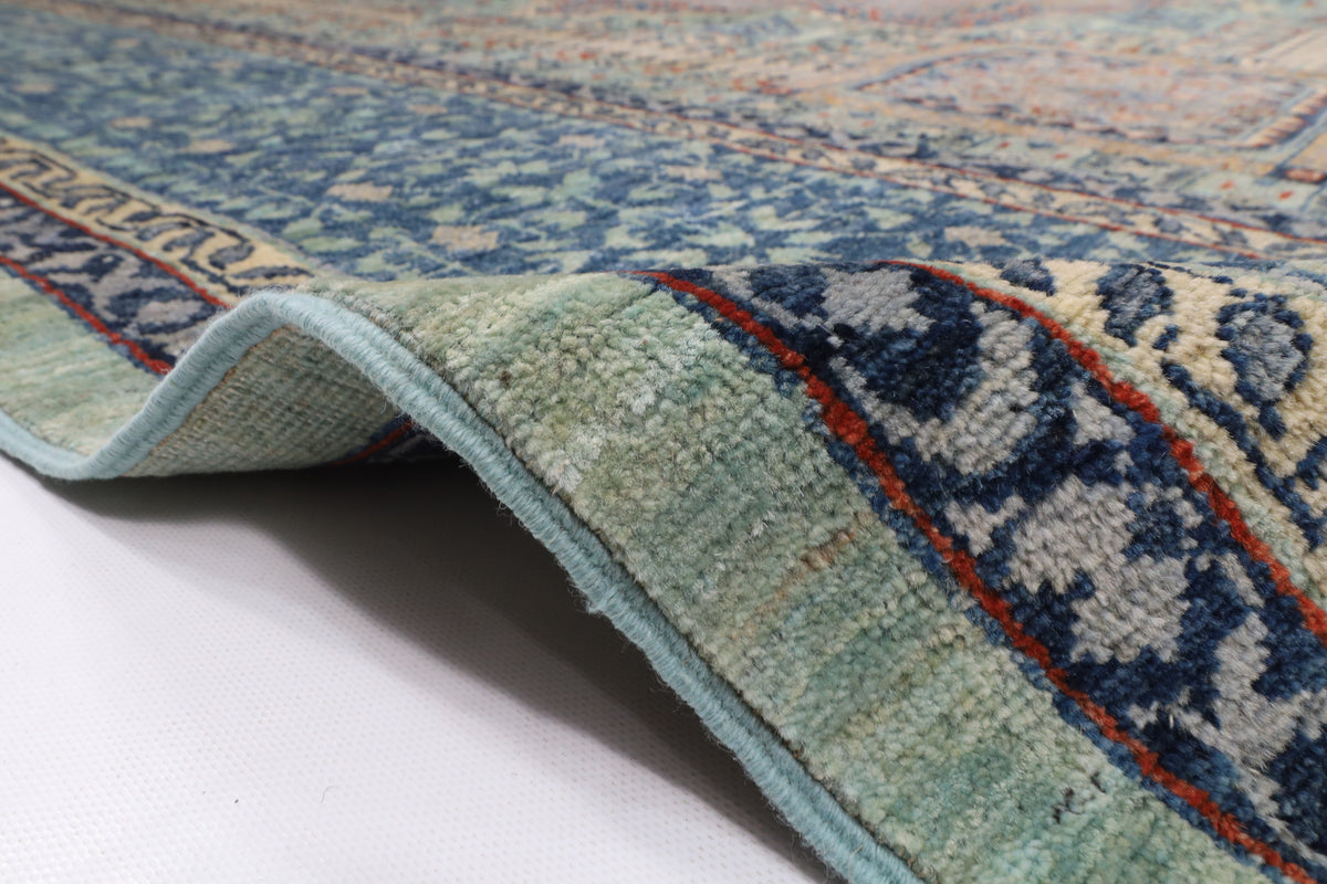 278 x 358 cm | Mamluk Blue Design Hand Knotted Wool Afghan Carpet