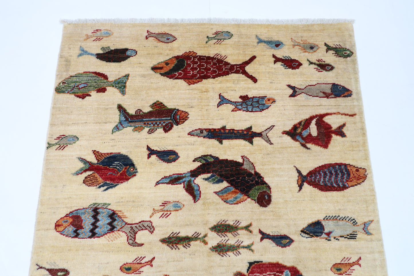 104 x 150 cm | Fish Party Afghan Tribal Hand Knotted Veg Dye Wool Carpet