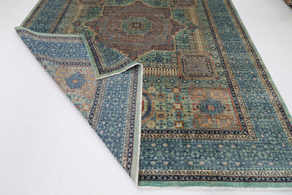278 x 358 cm | Mamluk Blue Design Hand Knotted Wool Afghan Carpet