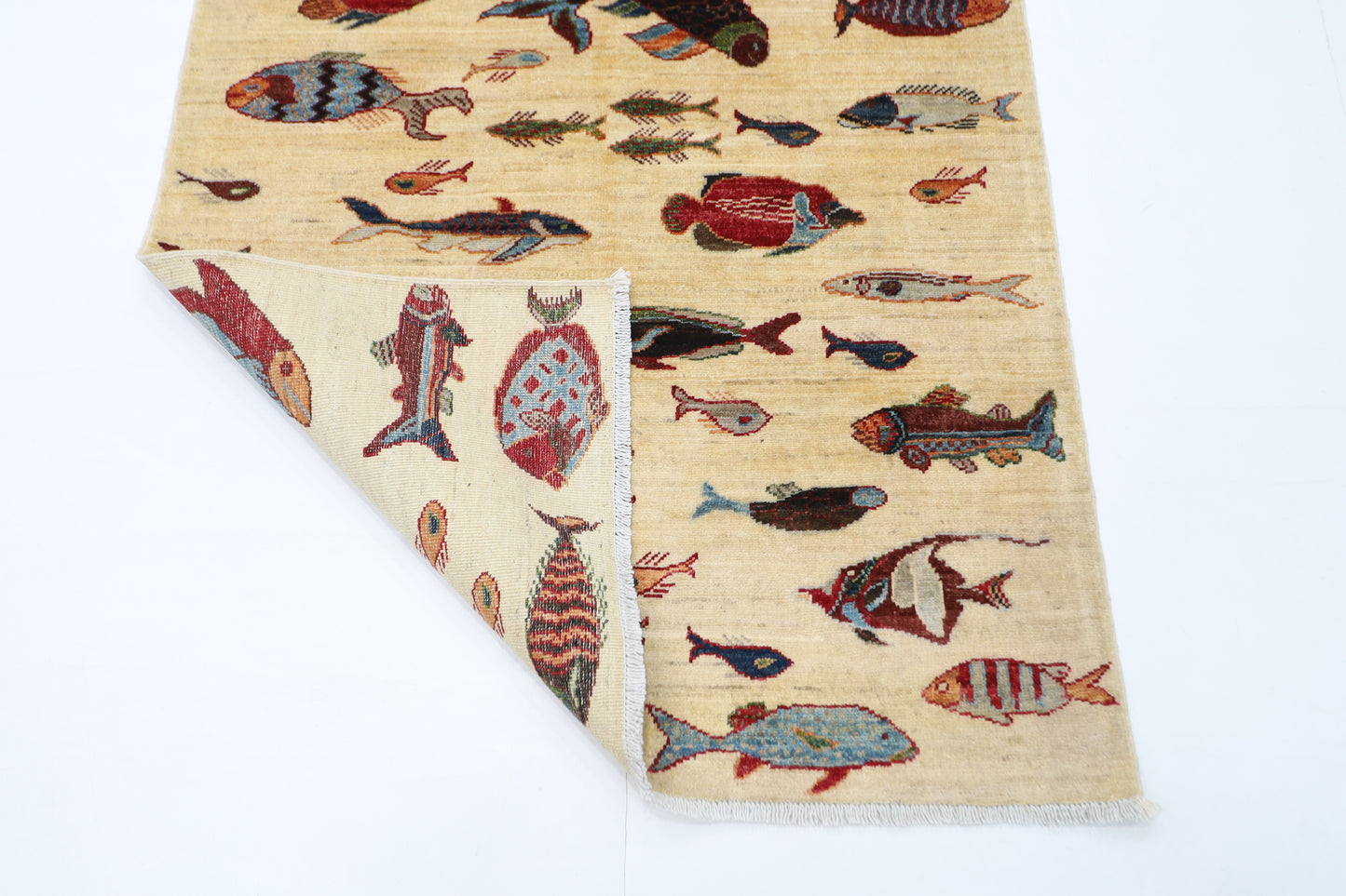 104 x 150 cm | Fish Party Afghan Tribal Hand Knotted Veg Dye Wool Carpet