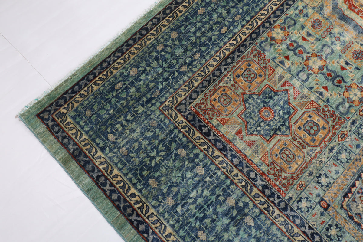 278 x 358 cm | Mamluk Blue Design Hand Knotted Wool Afghan Carpet