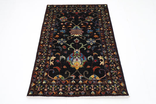 103 x 146 cm | Sultani Black Afghan Tribal Hand Knotted Veg Dye Wool Carpet