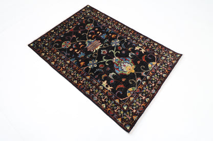 103 x 146 cm | Sultani Black Afghan Tribal Hand Knotted Veg Dye Wool Carpet