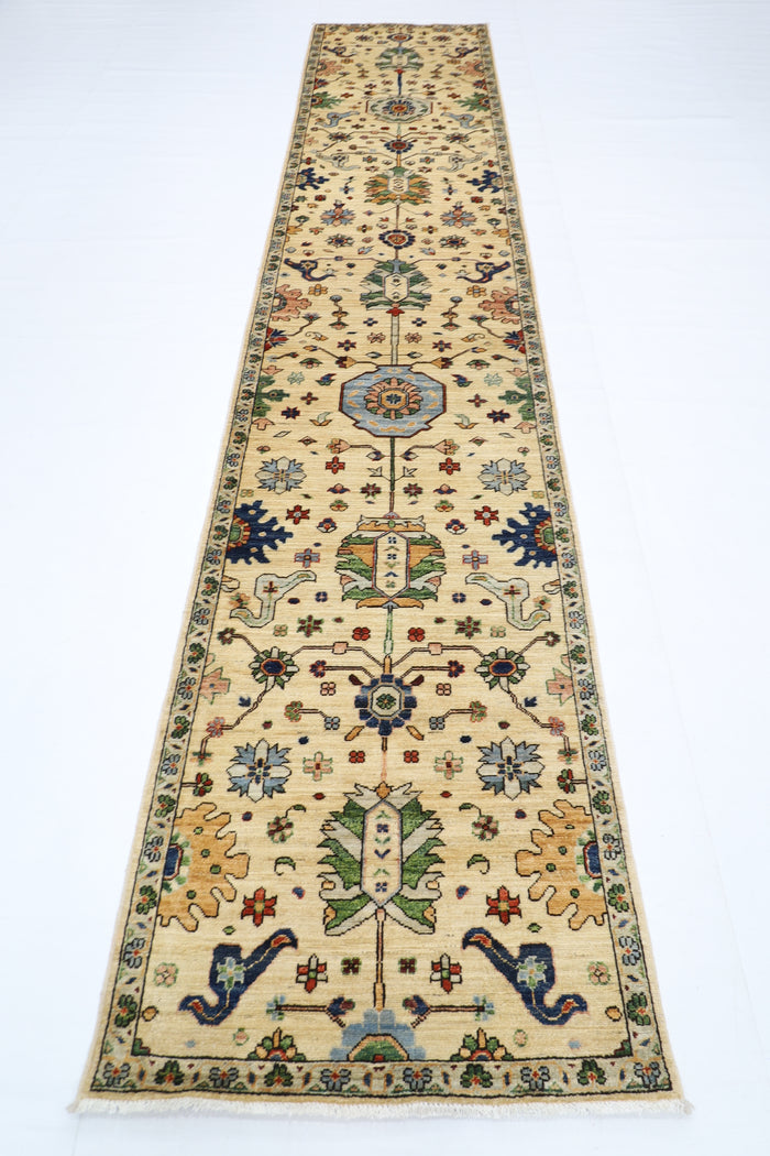 87 x 425 cm | Hallway Tribal beige Rug Afghan Hand Knotted Veg dye Wool carpet