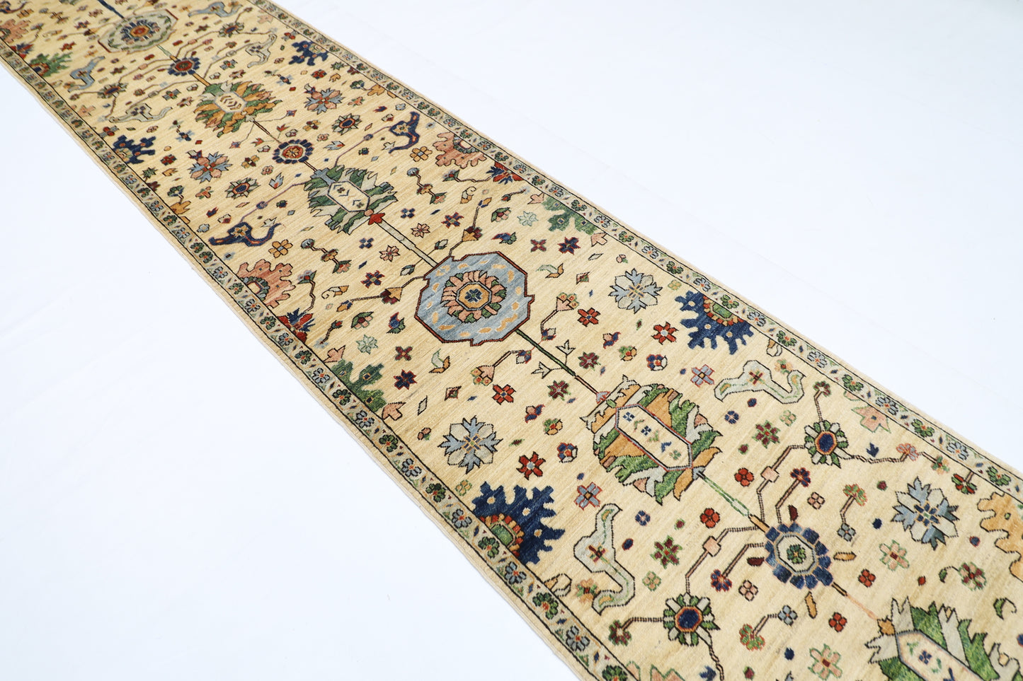87 x 425 cm | Hallway Tribal beige Rug Afghan Hand Knotted Veg dye Wool carpet