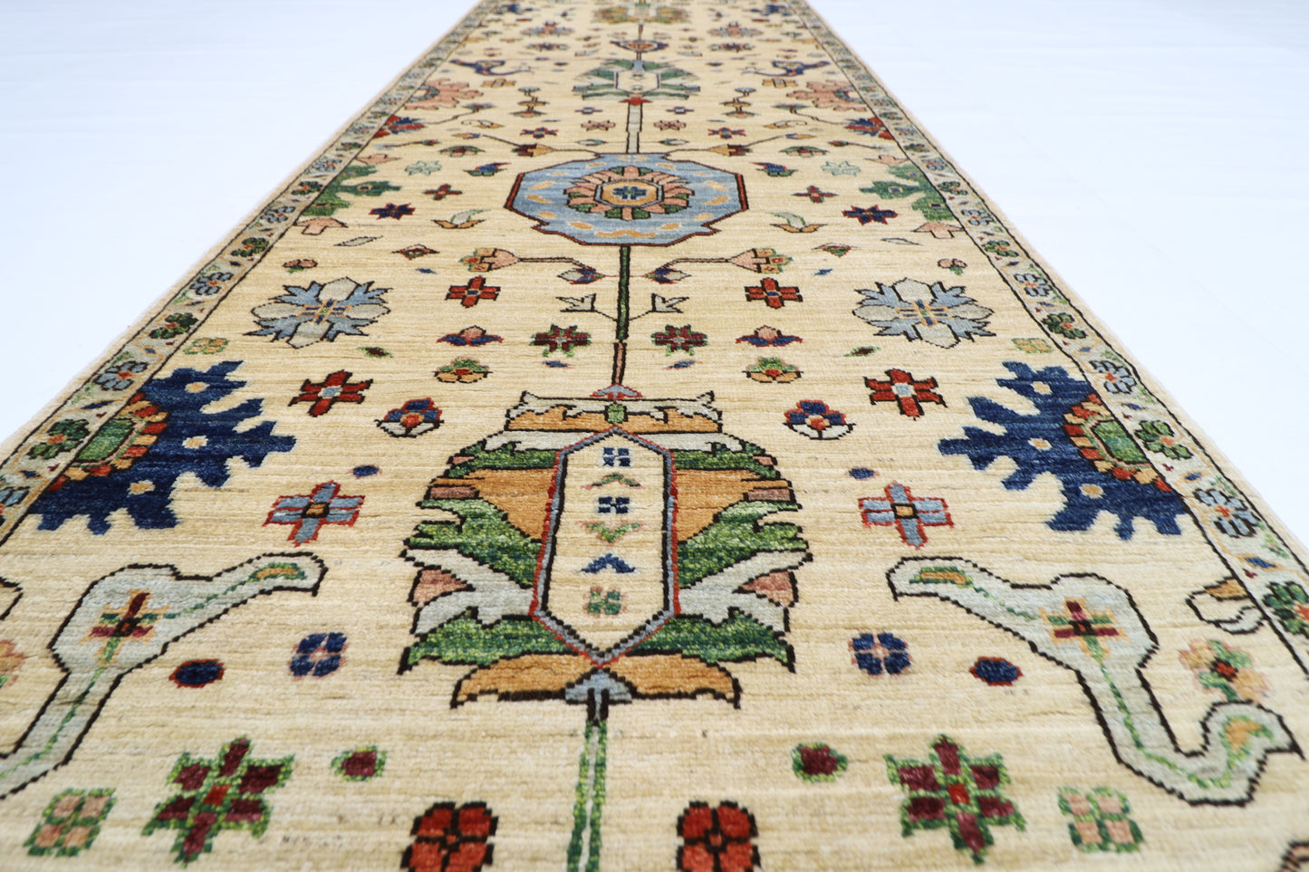 87 x 425 cm | Hallway Tribal beige Rug Afghan Hand Knotted Veg dye Wool carpet