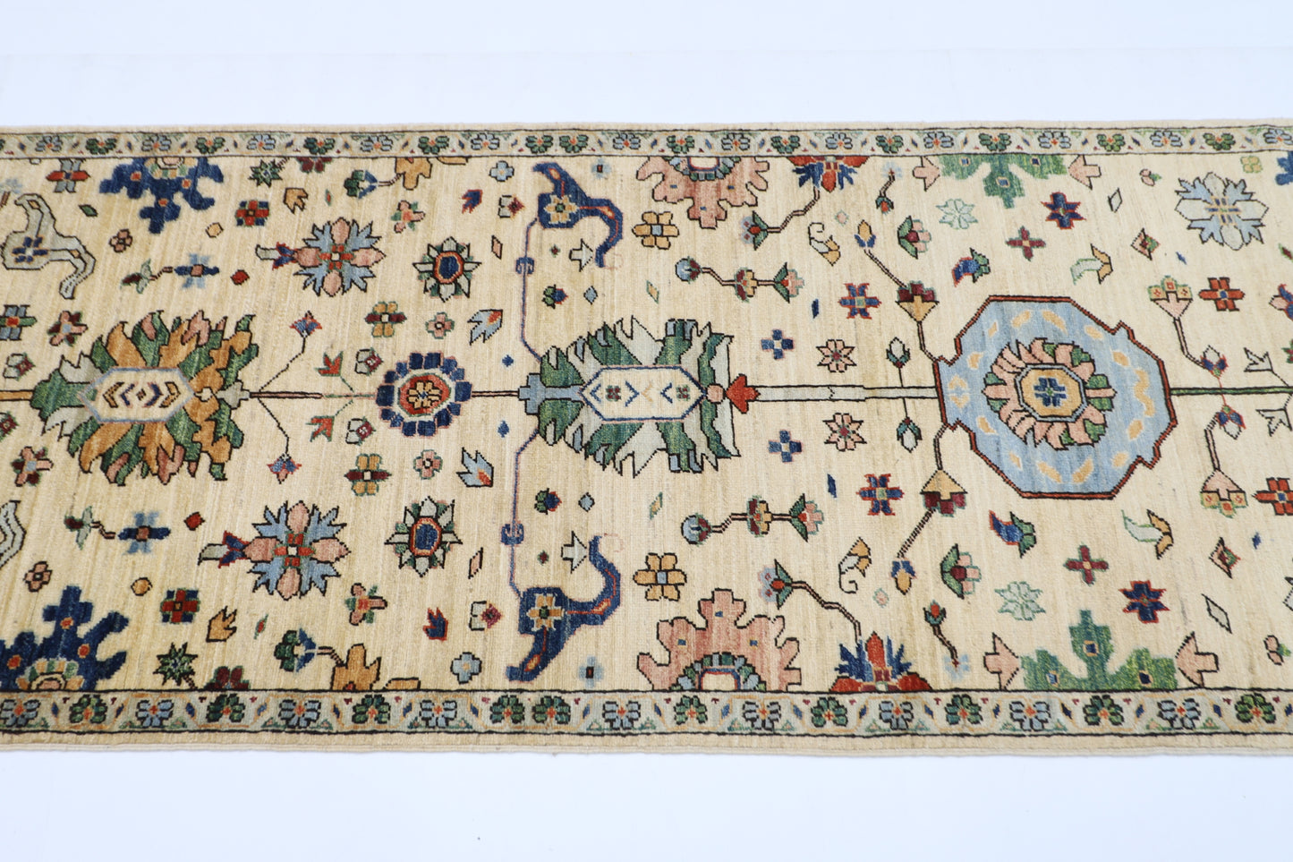 87 x 425 cm | Hallway Tribal beige Rug Afghan Hand Knotted Veg dye Wool carpet