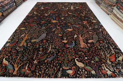 306 x 426 cm | Birds Black Design Hand Knotted Wool Afghan Carpet
