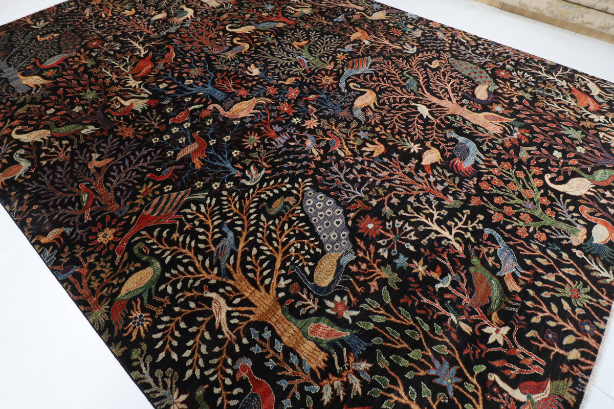 306 x 426 cm | Birds Black Design Hand Knotted Wool Afghan Carpet
