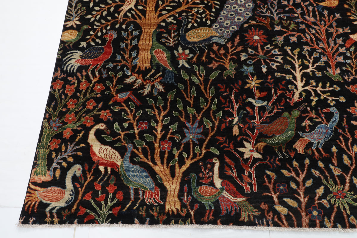 306 x 426 cm | Birds Black Design Hand Knotted Wool Afghan Carpet