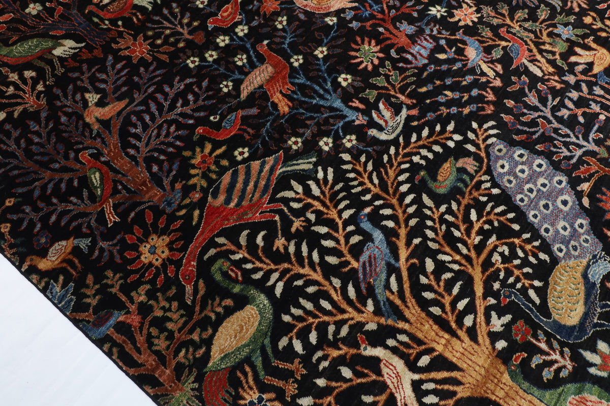 306 x 426 cm | Birds Black Design Hand Knotted Wool Afghan Carpet
