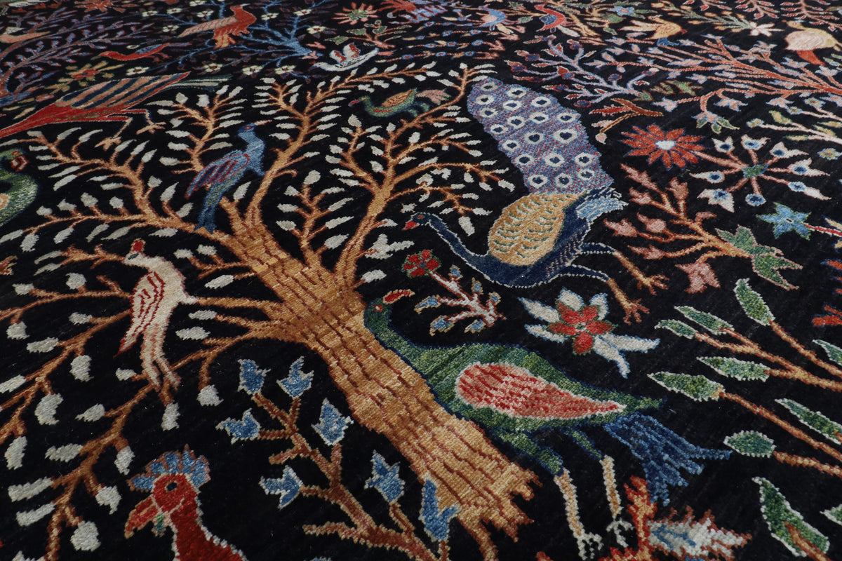306 x 426 cm | Birds Black Design Hand Knotted Wool Afghan Carpet