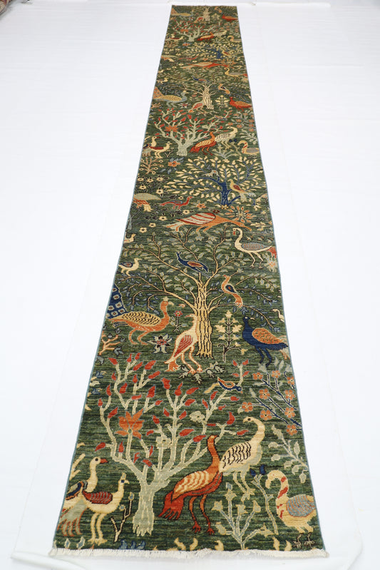 74 x 489 cm | Hallway Large birds Green Rug Afghan Hand Knotted Veg dye Wool carpet