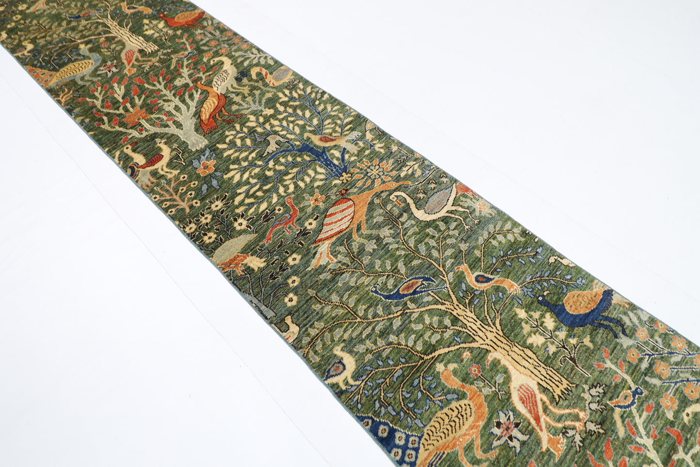74 x 489 cm | Hallway Large birds Green Rug Afghan Hand Knotted Veg dye Wool carpet