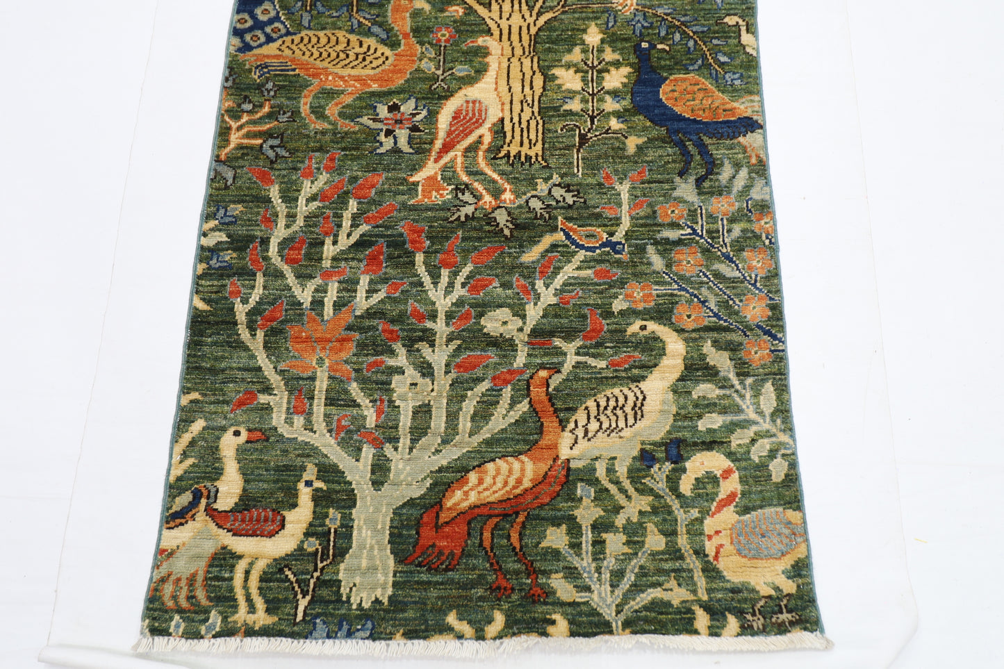 74 x 489 cm | Hallway Large birds Green Rug Afghan Hand Knotted Veg dye Wool carpet