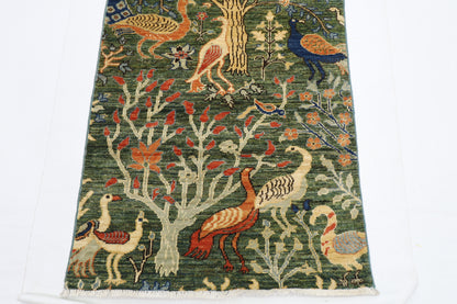 74 x 489 cm | Hallway Large birds Green Rug Afghan Hand Knotted Veg dye Wool carpet